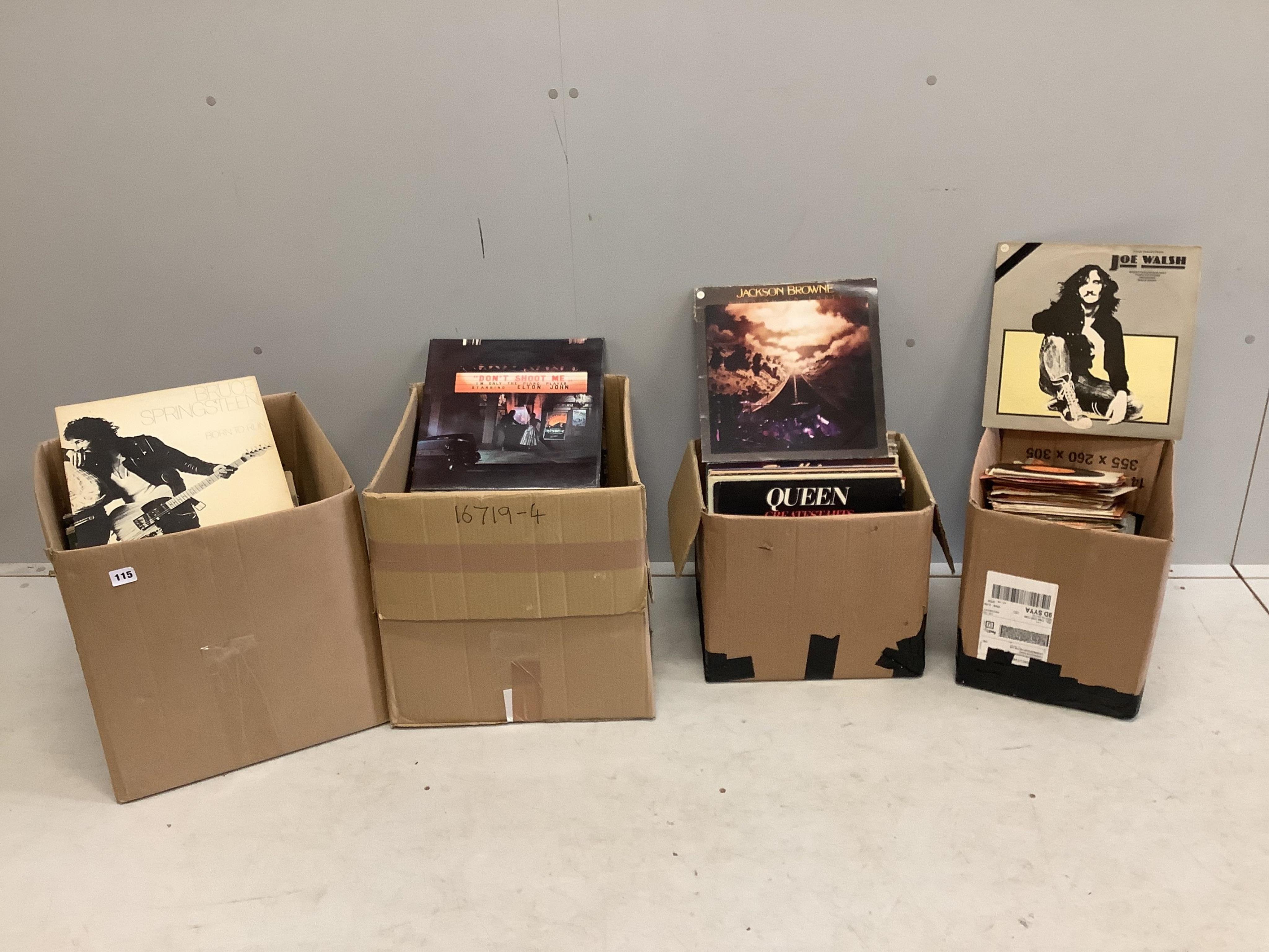 A collection of LP record albums; artists include Diana Ross, Bryan Ferry, George Harrison, Bob Dylan, Elton John, Cat Stevens, Neil Diamond, Shirley Bassey, The Monkees, Joan Armatrading, The Beatles, etc. together with